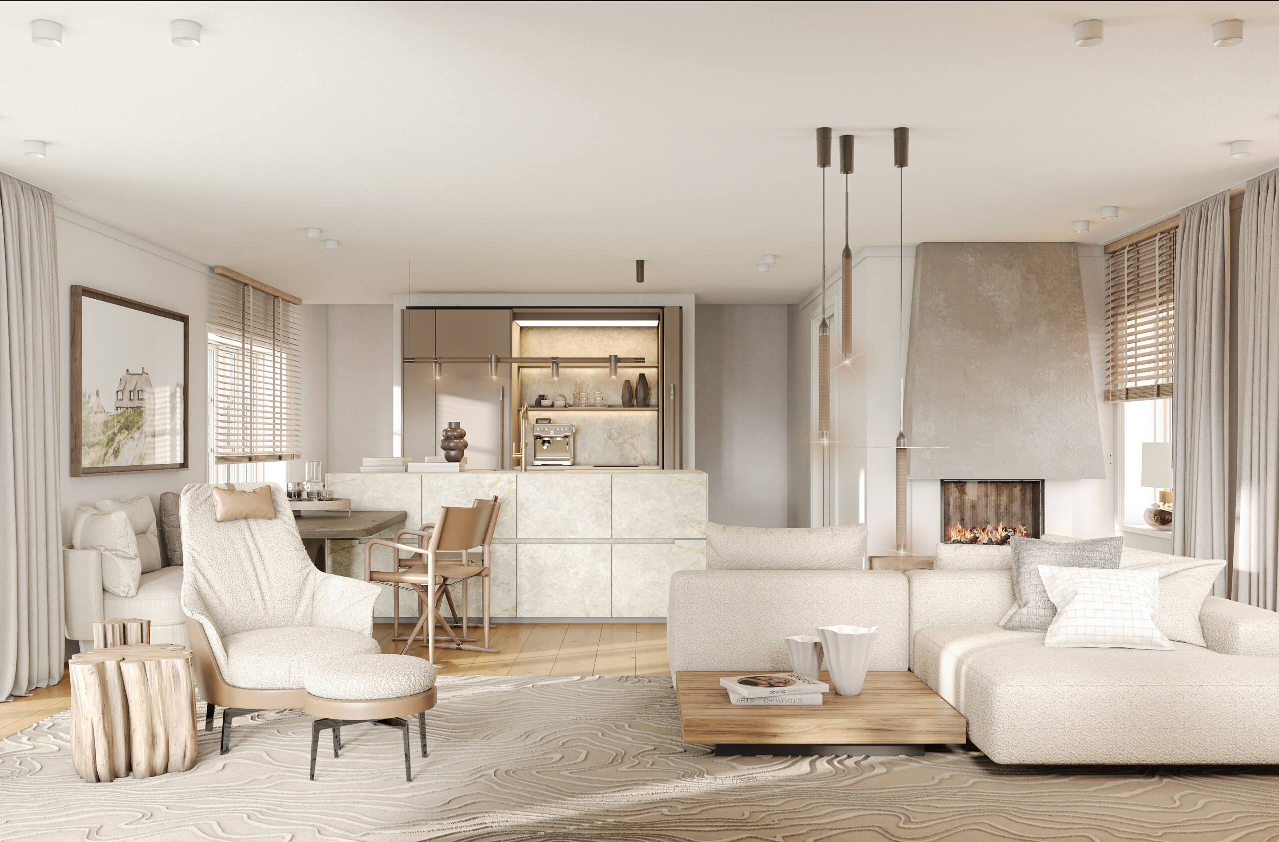 Helles Wohnzimmer mit Sofa, Sesseln und Kamin – Interior Design von Treutlein